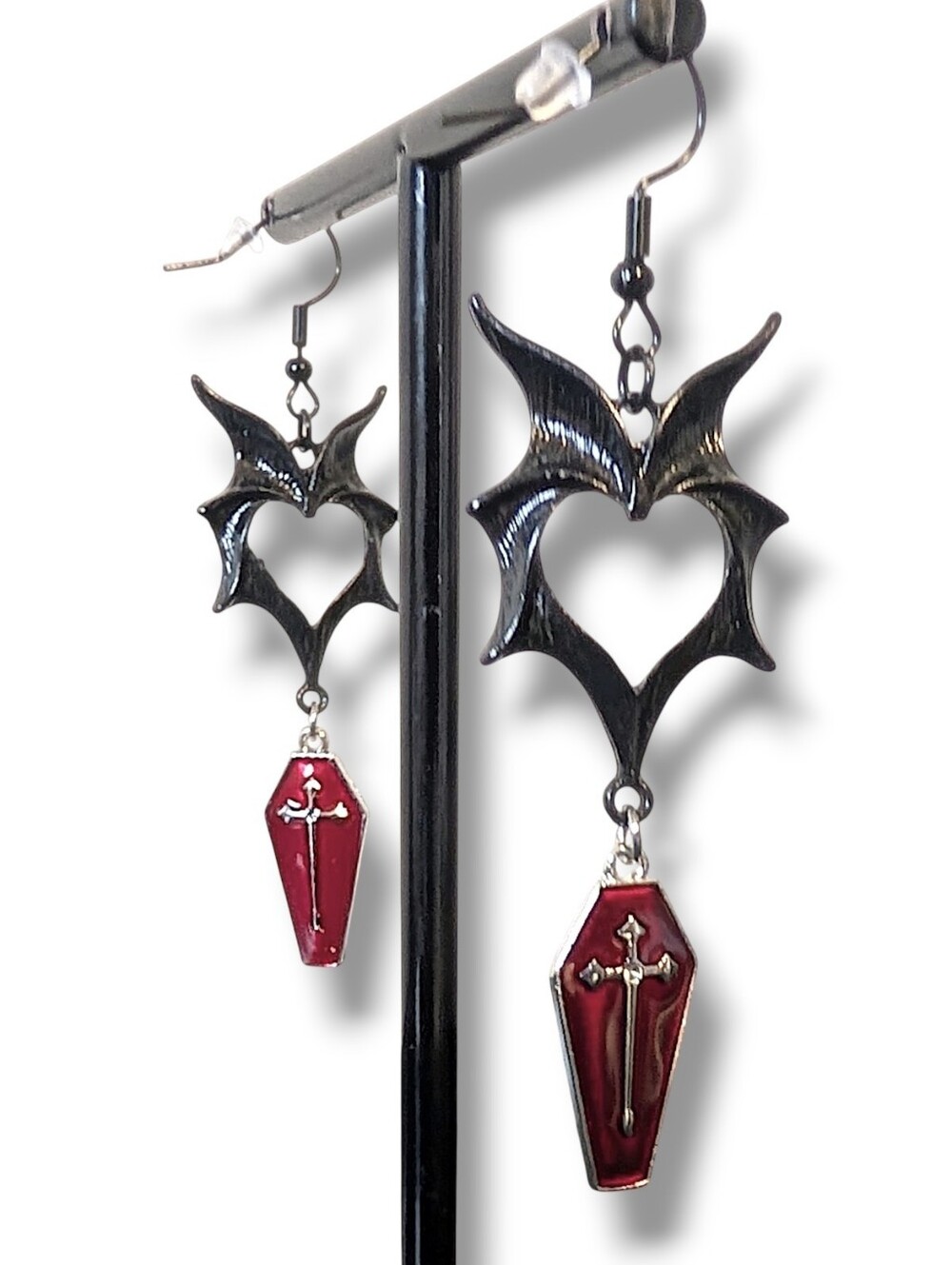 NWT Handmade Black Bat Wing Earrings with Dangly Red Coffin